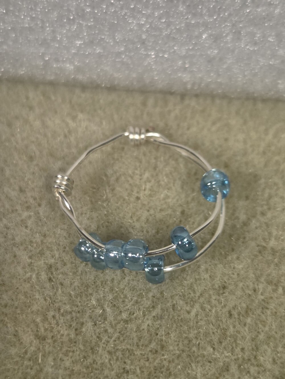 Handcrafted Blue Seed Bead Silver-Tone  Wire Fidget Ring